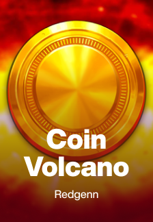 Dynamic and colorful image of the Coin Volcano slot game, highlighting the erupting volcano spewing out cascading gold coins.