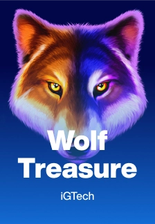 Visually striking image of the Wolf Treasure slot game, showcasing a majestic wolf against a backdrop of snowy mountains and the Northern Lights.